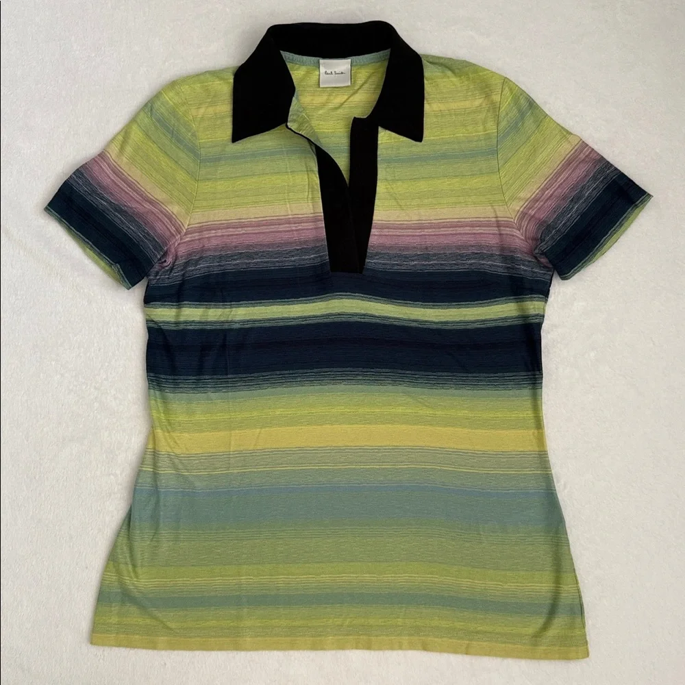 Paul Smith | V-Neck Contrast Collar Striped Cotton T-Shirt Made in Italy (M) - Picture 1 of 15